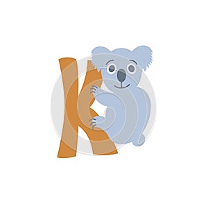 Koala animal alphabet symbol. English letter K isolated on white background. Funny hand drawn style character. Learn