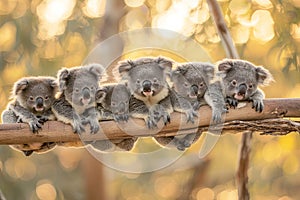 Koala Baby group of animals hanging out on a branch, cute, smiling, adorable Generative AI