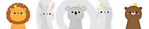 Koala bear cat bunny rabbit hare lion face head icon set. Scandinavian style. Golden crown. Cute kawaii cartoon funny baby