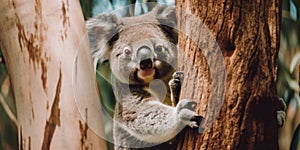 A koala bear climbing an eucalyptus tree in a forest. AI generative image.