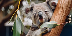 A koala bear climbing an eucalyptus tree in a forest. Generative AI image.