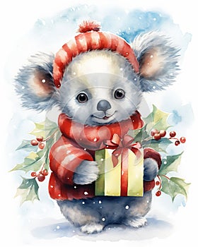 Koala Bear with Gift and Red Scarf