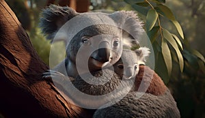 koala bear with her baby or joey in eucalyptus or gum tree