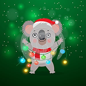 Koala Bear Kid. Happy Koala With Christmas Lights Garland. Australian New Year Card.