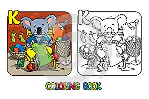Koala bear knitter ABC coloring book. Alphabet K