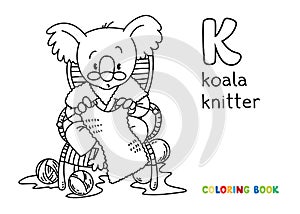 Koala bear knitter ABC coloring book. Alphabet K