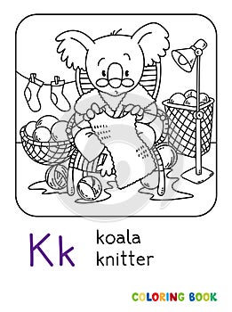 Koala bear knitter ABC coloring book. Alphabet K photo