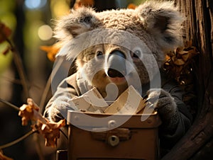Koala bear mailing letter in tiny mailbox