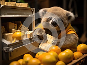 Koala bear mailing letter in tiny mailbox