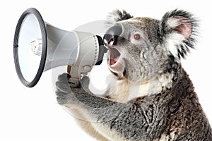 Koala bear making an announcement with hand speaker for notification and warning