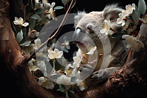 a koala bear munching on eucalyptus flowers in a tree