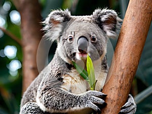 A koala bear perched on a tree branch, holding a eucalyptus leaf