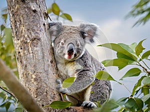 A koala bear perched on a tree branch, holding a eucalyptus leaf
