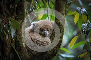 koala bear snuggled in warm and cozy tree branch, with view of the lush forest