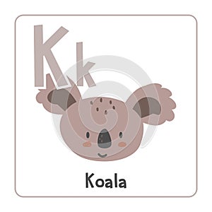 Koala clipart. Koala vector illustration cartoon flat style. Animals start with letter K. Animal alphabet card