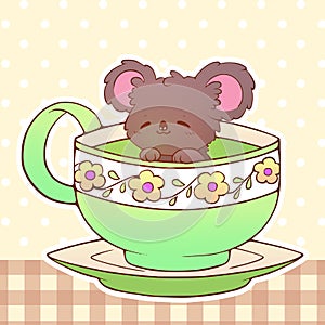 Koala Cute little funny kawaii animal pet illustration in a tea coffee cup cartoon vector print illustration