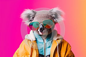A koala dons cool shades and a yellow jacket against a vibrant pink and orange background