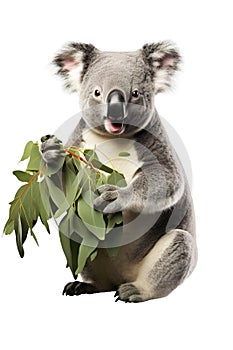Koala easting eucalyptus leaves over white transparent background