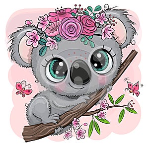 Koala with flowers on a tree on a pink background