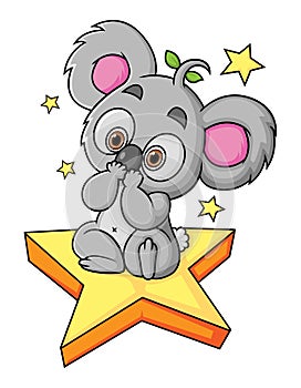 The koala is happy looking the stars and sitting on the star