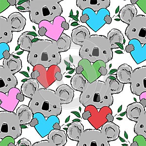 Koala and heart and leaves pattern seamless. Heart background. Vector illustration. Fabric design photo