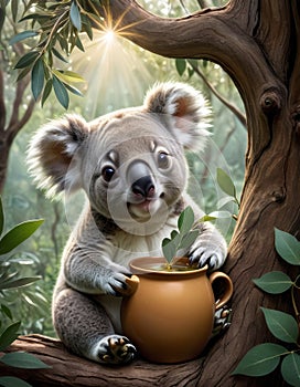 Koala Holding a Pot with Plant in Forest