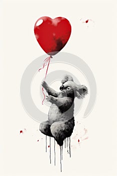 Koala holding red balloon in its mouth and sitting on stool. Generative AI