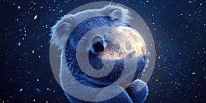 A Koala Hugging a Glowing Moon Floating in the Sky for Whimsical Art, Dreamlike Illustrations, or Fantasy Designs photo