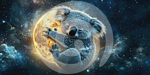A Koala Hugging a Glowing Moon Floating in the Sky for Whimsical Art, Dreamlike Illustrations, or Fantasy Designs photo