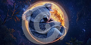A Koala Hugging a Glowing Moon Floating in the Sky for Whimsical Art, Dreamlike Illustrations, or Fantasy Designs photo