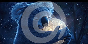 A Koala Hugging a Glowing Moon Floating in the Sky for Whimsical Art Dreamlike Illustrations or Fantasy Designs photo
