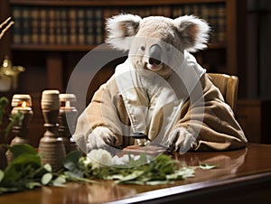 Koala judge with gavel in court