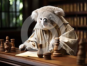 Koala judge with gavel in court