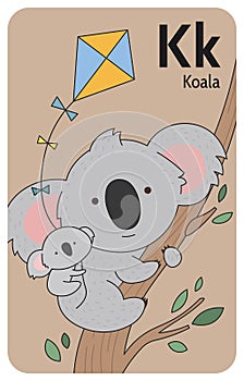 Koala K letter. A-Z Alphabet collection with cute cartoon animals in 2D. Koala sitting on a tree. Koala with a baby on