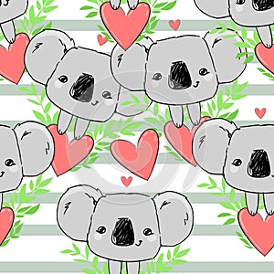 Koala and leaves pattern seamless. Heart background. Vector illustration. Fabric design. photo