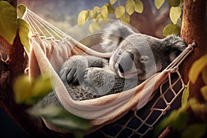 Koala lies lazily in a hammock and takes a nap AI generated Content