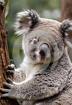 a koala marsupial perched on a tree trunk photo