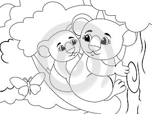 Koala mom and baby on the tree. Vector, page for printable children coloring book.