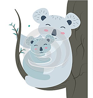 Koala mom on a eucalyptus branch with a baby in her paws. Koala bear character with cub on eucalyptus tree. Vector illustration