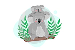 Koala mom and her baby on eucalyptus. vector illustration