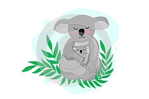 Koala mom and her baby on eucalyptus. vector illustration