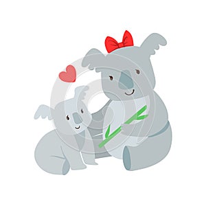 Koala Mom With Red Bow Animal Parent And Its Baby Calf Parenthood Themed Colorful Illustration With Cartoon Fauna