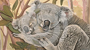 Koala mother and her baby sleeping on the eucalyptus tree.