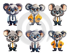 Koala office clothes bear cartoon vector illustrations. Funny marsupial animal tie shirt jacket pants glasses character