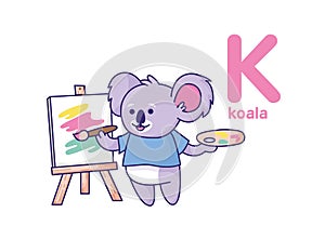 Koala paints on canvas. Wild animal painter. Cute animal. Vector illustration alphabet