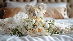 Koala peeking out from a bridal bouquet on a bed. Studio pet portrait with wedding flowers