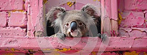 Koala Peeking Through Pink Window photo