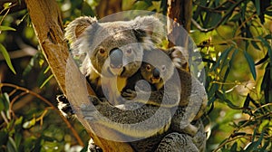 Koala, phascolarctos cinereus, Female carrying Young on its Back. Generative Ai photo
