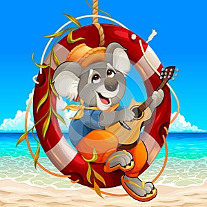 Koala is playing the guitar on the beach