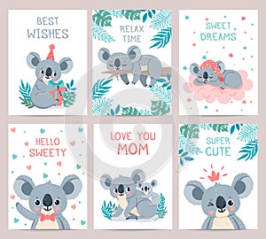 Koala posters and cards. Prints with cute sleeping koalas. Australian baby bear hugs mother. Party invitation with